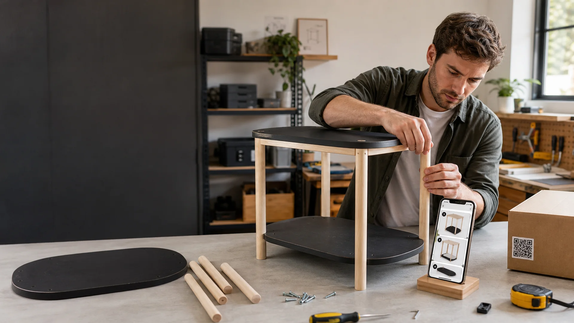 A product maker assembling a side table while following mobile instructions