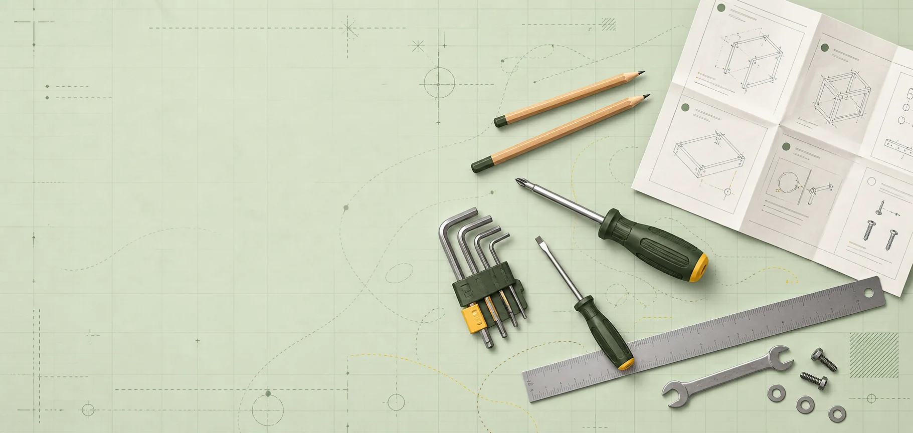 Assembly tools arranged on a technical cutting mat